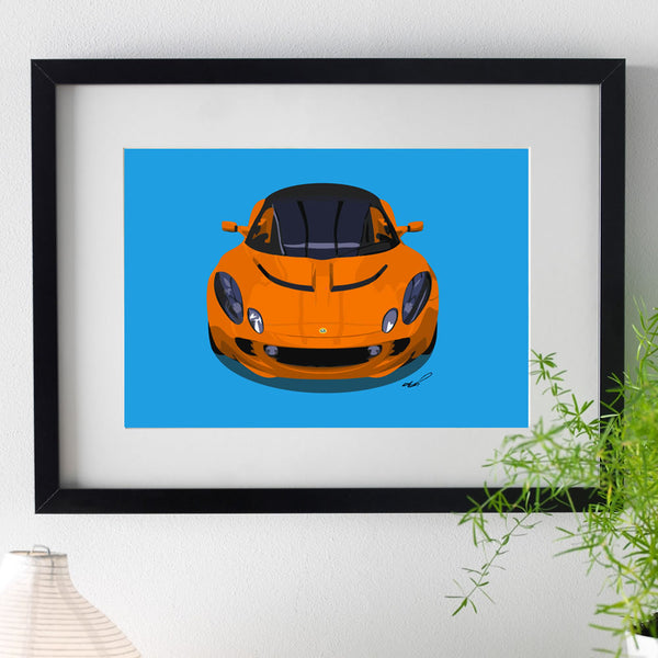 Lotus Elise S2 - orange on blue - A3/A4 Stylised Print